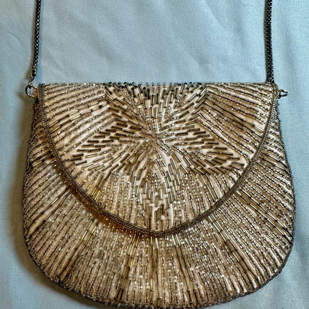 Vintage Vanessa Beaded Evening Bag Purse Gold Silver Art Deco Clutch China - Picture 1 of 10